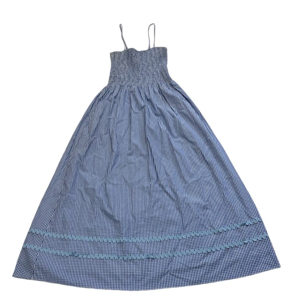 Sail to Sable Womens Medium Blue White Gingham Smocked Dress Vacation Beachy